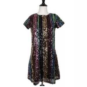 Trixxi Multi Colored Rainbow Sparkly Sequins Striped Dress Lined NYE Size XL